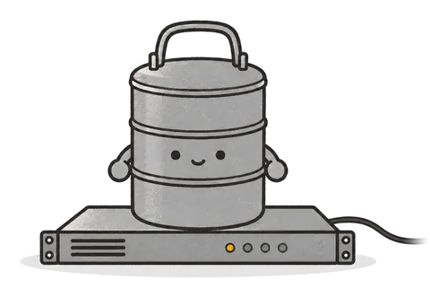 The ShipTiffin tin sitting on top of a rack server, plugged in.